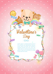 Happy Valentine's day, holiday colorful bear and dessert on pastel background. Greeting card for Valentine's day