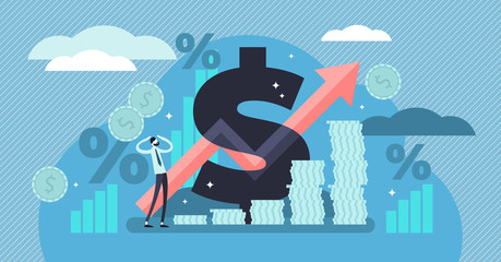 Inflation vector illustration. Tiny persons concept with basic economy term - obrazy, fototapety, plakaty