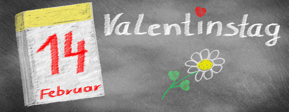 Valentine's Day -14. February, calendar and flower, drawn on slate blackboard