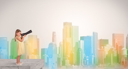 Kid looking through spyglass from the top of a building to a big colorful city
