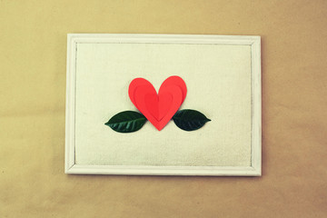 Paper red green leaves heart pattern Top view copy space