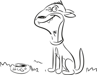 Kleiner Comic Hund sitzend vor seinem Napf