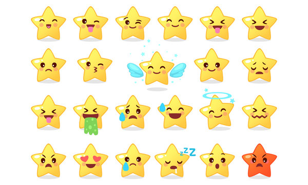 Collection of difference emoticon icon of cute star cartoon on white background vector illustration part 1