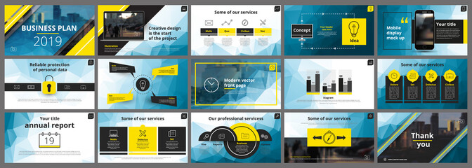 Abstract, yellow blue presentation slides. Modern brochure cover design. Fancy info banner frame. Creative infographic elements set. Urban city font. Vector title sheet model. Ad flyer style template
