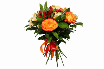 Bouquet of orange roses and yellow orchids, cut out