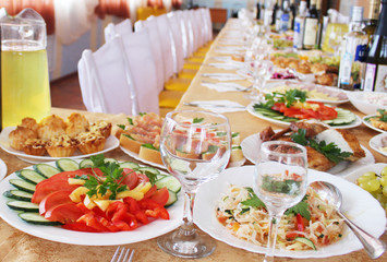 Russian restaurant with food on the tables.