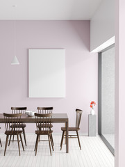 Mock up poster frame in Scandinavian style hipster interior. Minimalist modern dining room. 3D illustration.