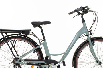 Fototapeta na wymiar electric bicycle e bike motor and gear on the back wheel on white background