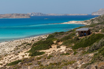 View over beautiful turquoise water around Balos beach and lagoon. Mediterranean Sea. Chania, Crete island, Greece