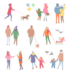 Set of Walking People in Winter Vector Isolated