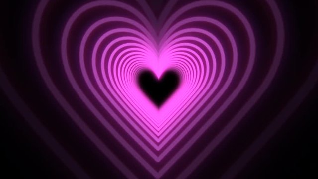 Beautiful Abstract Purple Hearts Travelling through Futuristic Tunnel. Looped animation 4K