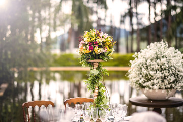 photos of beautiful wedding decoration in the field, in the open sky. Rustic wedding in the countryside.