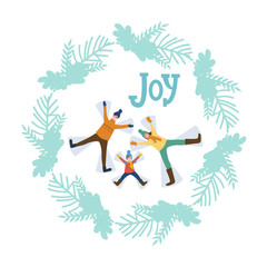 Joying Family Laying on Snow, Card Vector Isolated