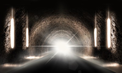 Round underground tunnel, cave, mine. Illumination by neon light. Smoke, smog, night view. 3D rendering.