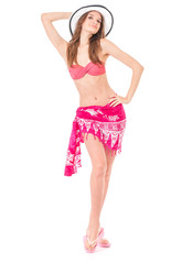 Bikini vacation holidays young woman standing, isolated on white background in studio, full body length. Happy girl in bikini swimsuit and sun hat.