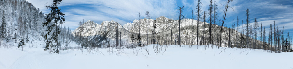 Panoramic view of High Tatras National Park covered with snow. Slovakia.