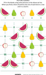 Picture sudoku puzzle 5x5 (one block) with fruits and berries - watermelon slices, red apples, green and yellow pears. Answer included.
