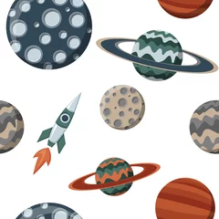 Photo sur Plexiglas Cosmos Espace pour enfants avec des planètes et des vaisseaux spatiaux. Modèle de science cosmos dessin animé plat