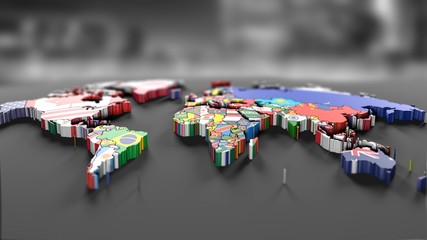 World map with all states and their flags,3d render