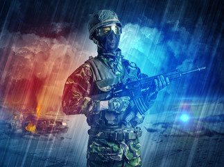Armed soldier with sniper in the middle of a dust storm

