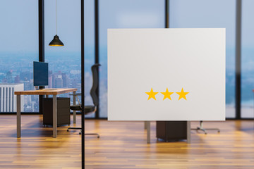 white billboard on glass wall in a clean office workplace, three star rating, 3D illustration