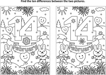 Valentine's Day find the ten differences picture puzzle and coloring page with 14 February text, cute bunnies, balloons
