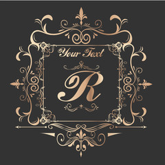 Square vintage frame with a gold decorative pattern on a black background for entering text