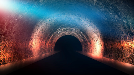 Round underground tunnel, cave, mine. Illumination by neon light. Neon light, Smoke, smog, night view. 3D rendering.