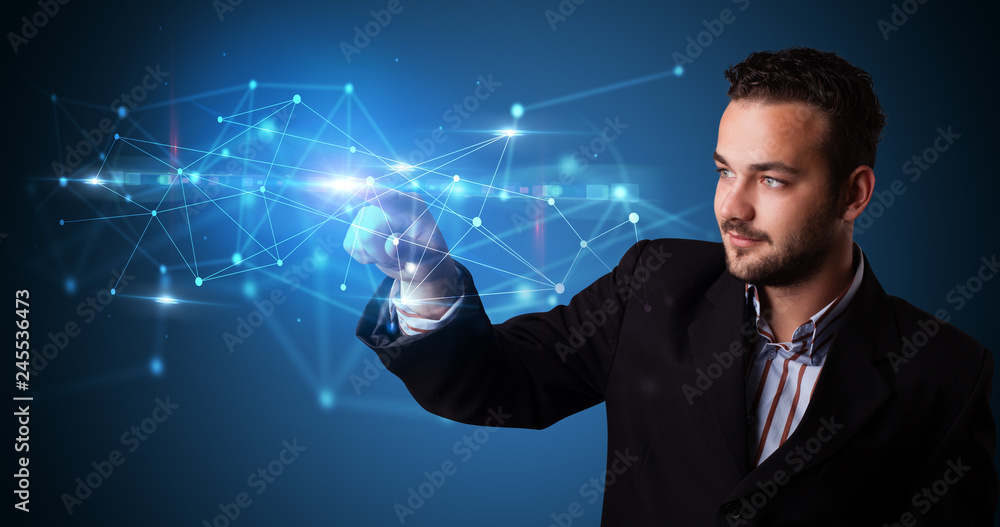 Poster Man touching hologram screen displaying modern web system
