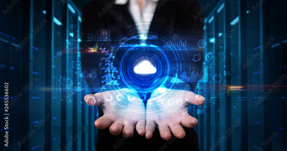 Aufkleber Man holding hologram projection displaying biometric security concept
