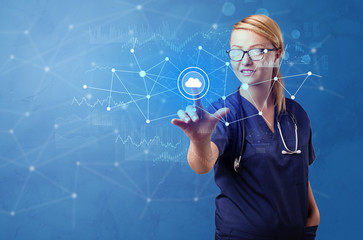 Doctor touching blue screen with virtual hospital concept
