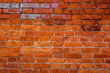 Empty Vintage From Red To Orange Brick Wall Texture. Building Facade With Grunge Damaged