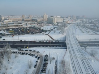 Aerial view of transport hub in Minsk, Belarus in winter 