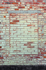 Shabby Building Facade Of Brick Wall With Damaged Сrack Plaster And Immured Window