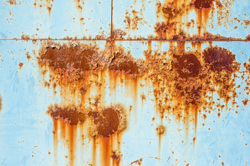 Texture of old rusty metal, painted white which became orange spots from rust. Horizontal texture of paint on rustic steel sheets