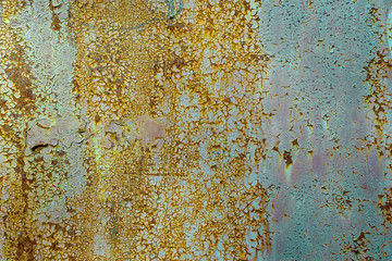Texture of old rusty metal, painted white which becames orange from rust. Horizontal texture of cracks and peels paint on rusty steel