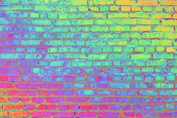 The texture of the wall of the old brick. Color processing with a rainbow effect. Glitch and grunge effect. Design processing. Background. Wallpaper.