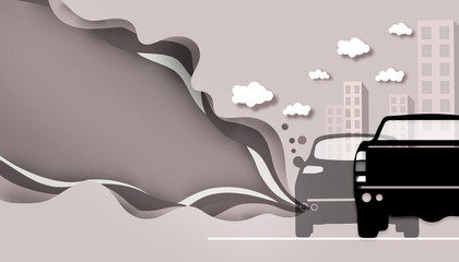 Cutting paper - Road pollution from car smoke / concept Art / Illustrations