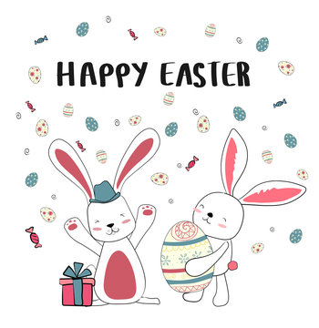 happy two bunny with cute eggs, happy Easter card
