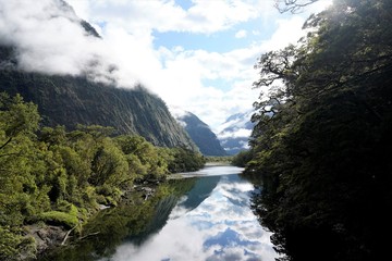 Naklejka na ściany i meble River surrounded by trees and mountains, with the reflections of clouds, Milford Track, New Zealand South Island 
