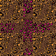 Vector Seamless pattern of leoapard skin in yellow with pink in crosses on brown background, Wild Animals pattern for textile or wall paper