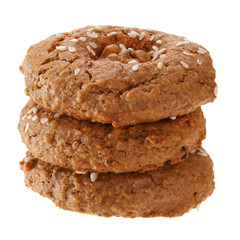 A bunch of homemade oatmeal cookies with nuts, chocolate and sesame. Isolated on white background.