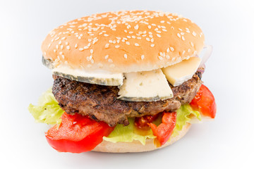 tasty burger with cheese and vegetables on a white background
