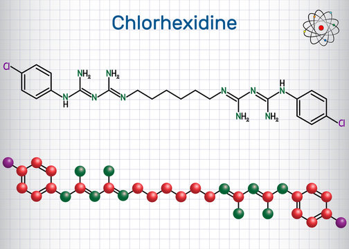Chlorhexidine (chlorhexidine gluconate, CHG) antiseptic molecule. Structural chemical formula and molecule model. Sheet of paper in a cage