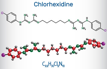 Chlorhexidine (chlorhexidine gluconate, CHG) antiseptic molecule. Structural chemical formula and molecule model