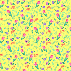  pattern with tulips and wild flowers, vector illustration