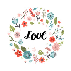 Cute hand-drawn round banner with flowers and text Love. Floral vector illustration. Great for logo, website, postcard, invitation, banner or print.