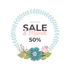 Hand-drawn banner for 8 March Sale. Vector illustration with spring flowers and text. Great for sell-out, website, flyer, postcard, print or banner.