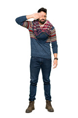 Fototapeta premium Full-length shot of Hippie man with tired and sick expression on isolated white background