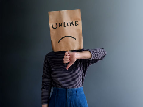 Customer Experience or Human Emotional Concept. Woman Covered her Face by Paper Bag and present Sadness Feeling and Disappointed by Drawn Line Cartoon and Body Language
